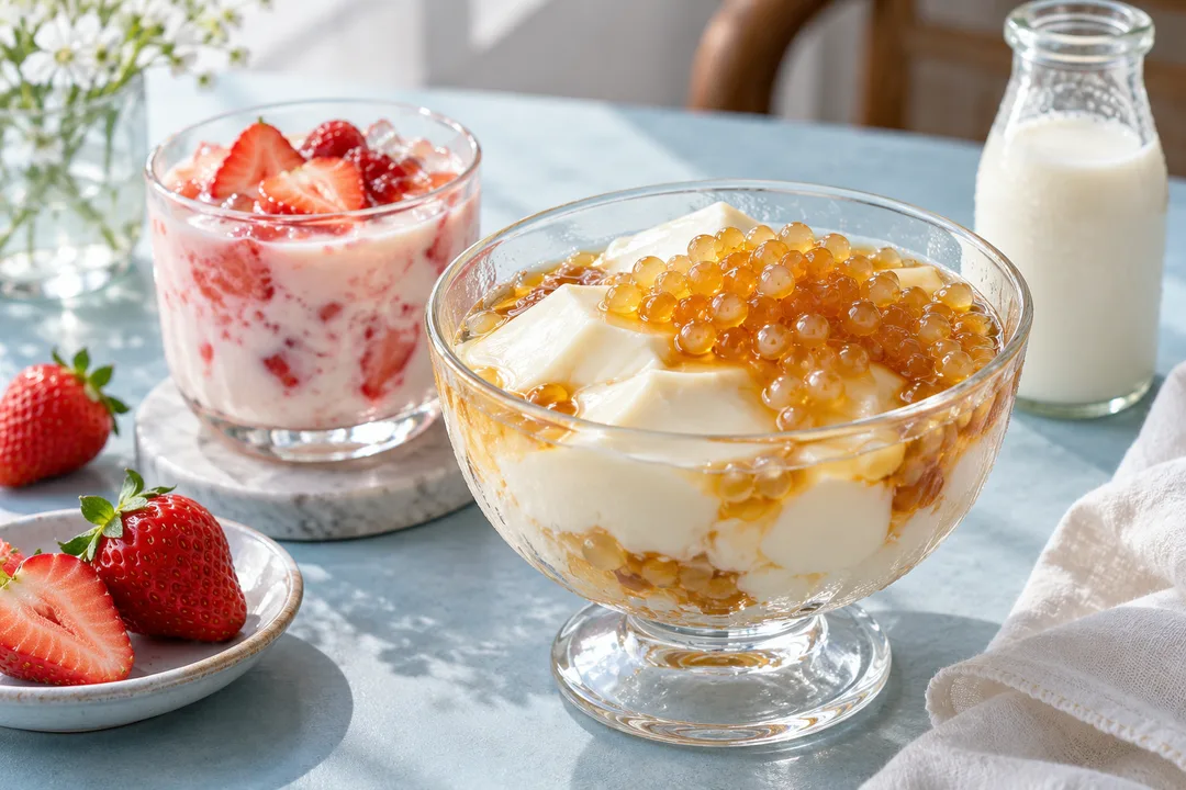 Sữa tuyết mềm mịn cùng topping trân châu và sữa dâu nhà làm